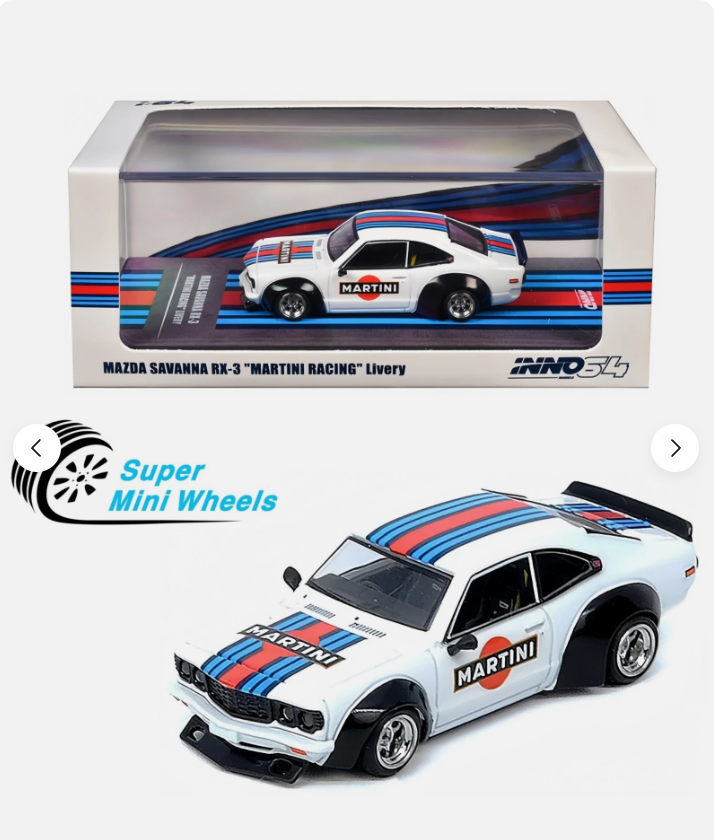 INNO64 1:64 Mazda RX-3 Savanna Martini Racing librea blanca
