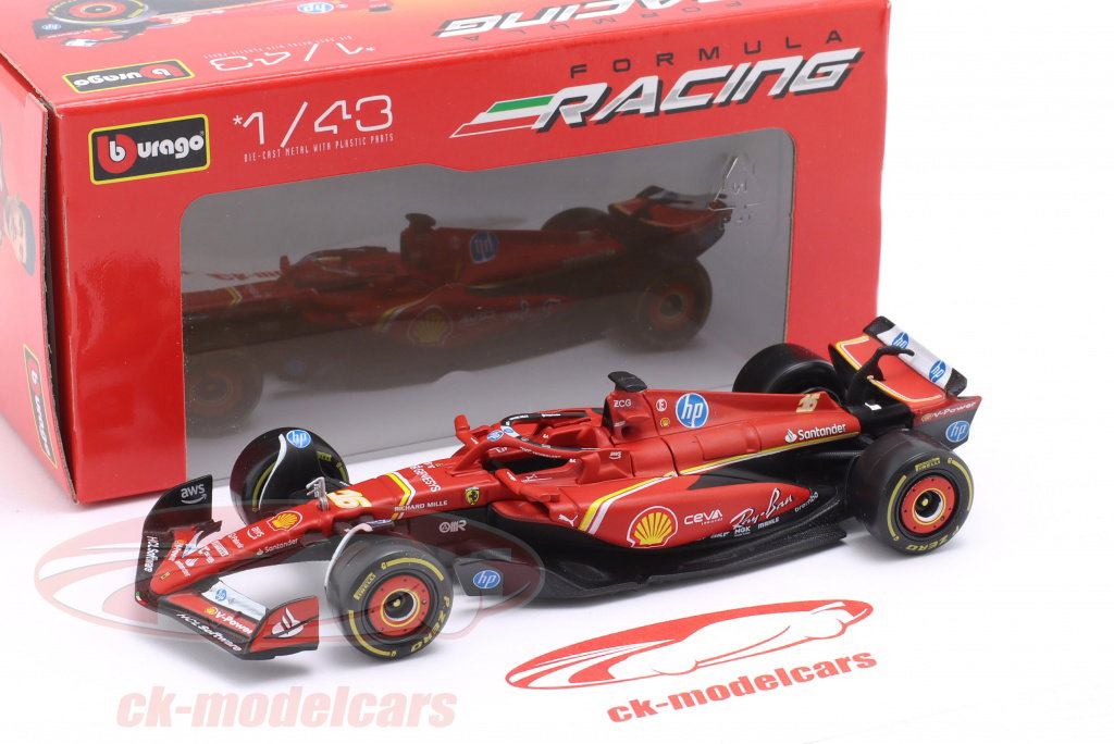 Bburago Rojo mate 1:43 F1 Ferrari SF-24 (sin casco, caja de cartón) (#16 Charles Leclerc) (GP Emilia-Romaña Imola 2024)