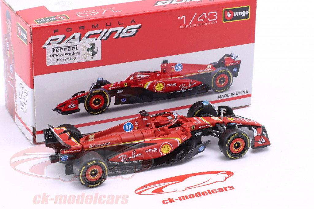 Bburago Rojo mate 1:43 F1 Ferrari SF-24 (sin casco, caja de cartón) (#16 Charles Leclerc) (GP Emilia-Romaña Imola 2024)